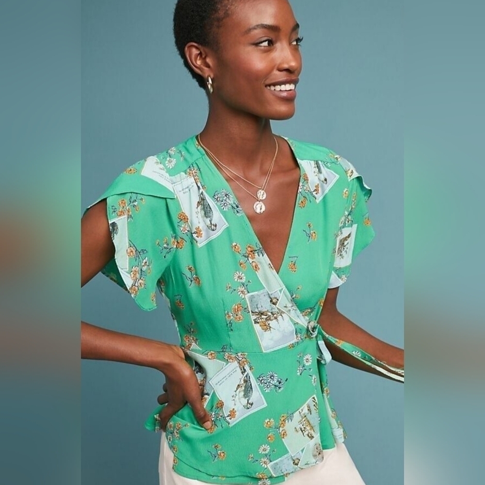 Anthropologie Meadow Rue Voyage Floral Green Wrap Blouse, Size 2